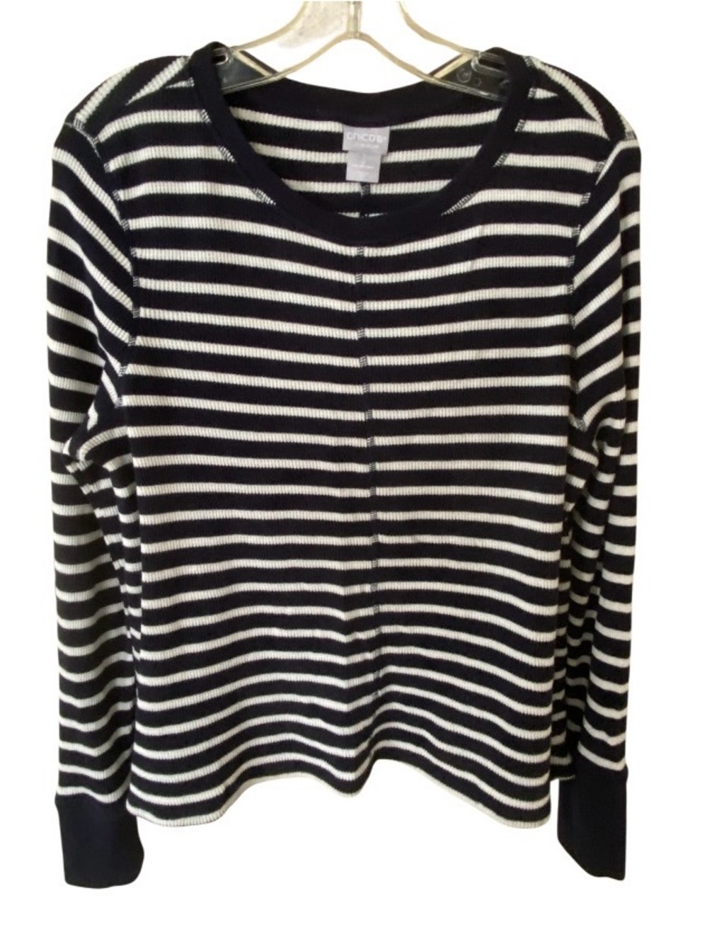 Chico's Zenergy Navy& White Striped Crewneck Sweater size 2